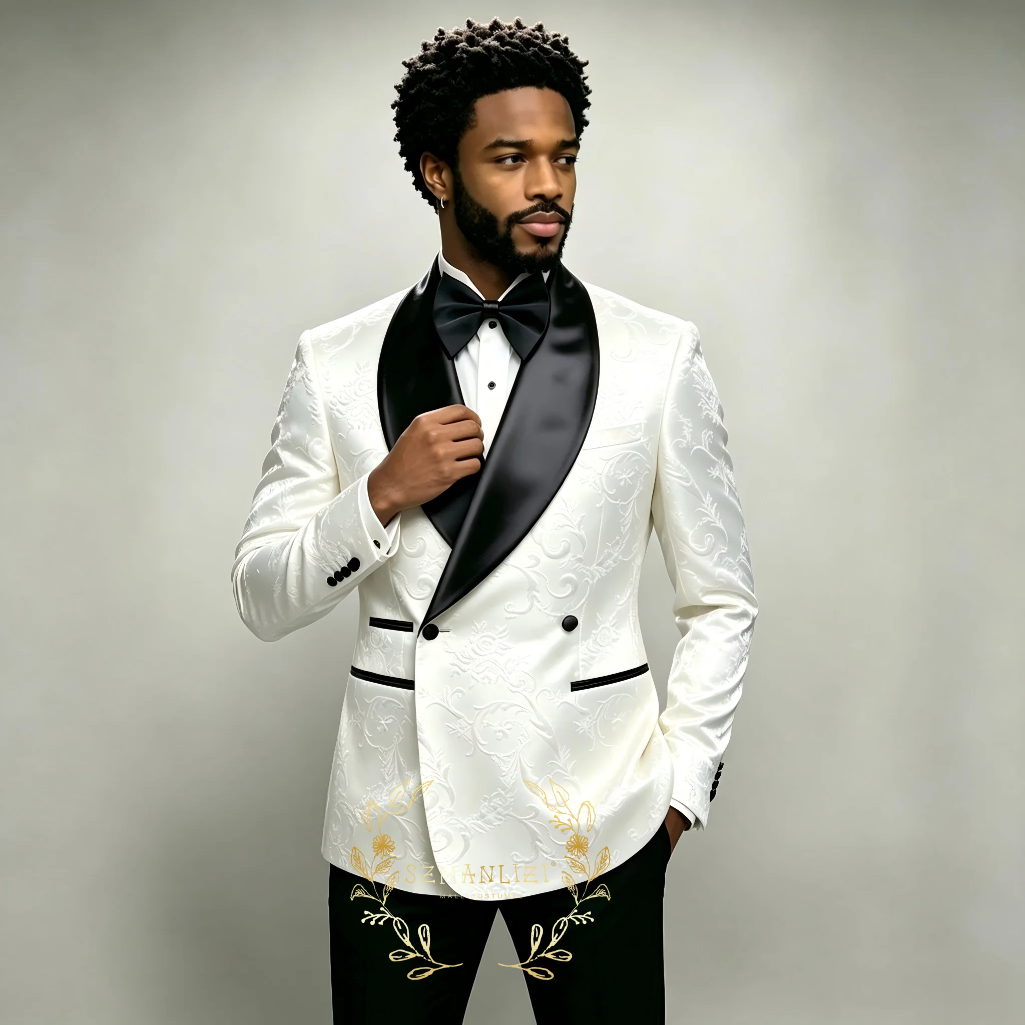 White Jacquard Men Suits For Wedding Double Breasted 2 Pieces Jacket+Pants Shawl Lapel Men Blazer Sets Clothing Groomsmen Suits