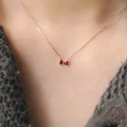 Korean Sweet Red Zircon Bow Necklace for Women 925 Sterling Silver Temperament Jewelry Gift