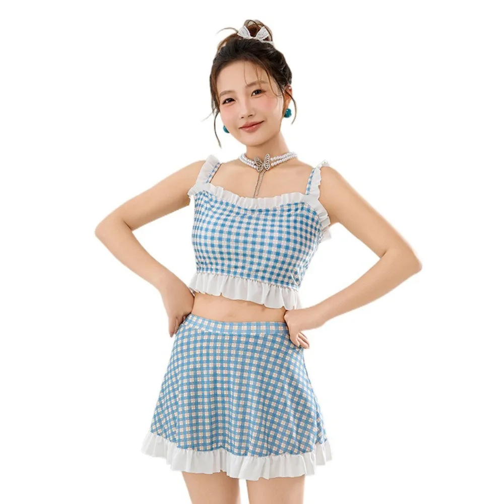

Ruffled Edge Stripe Grid Swimsuit Suit Two Pieces Sweet Skirt Bathing Suit Hot Spring Clothing Beachwear Swimwear Bikini Set