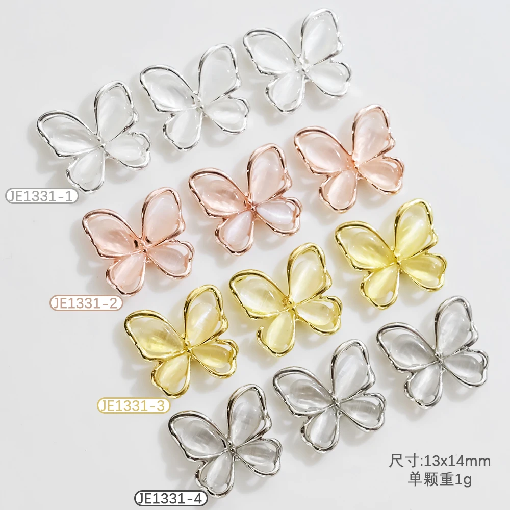 10Pcs 3D Cat's Eye Butterfly Nail Art Charms Shiny Gold Silver Gray Crystal Rhinestones Luxury Jewelry Alloy Nail Parts