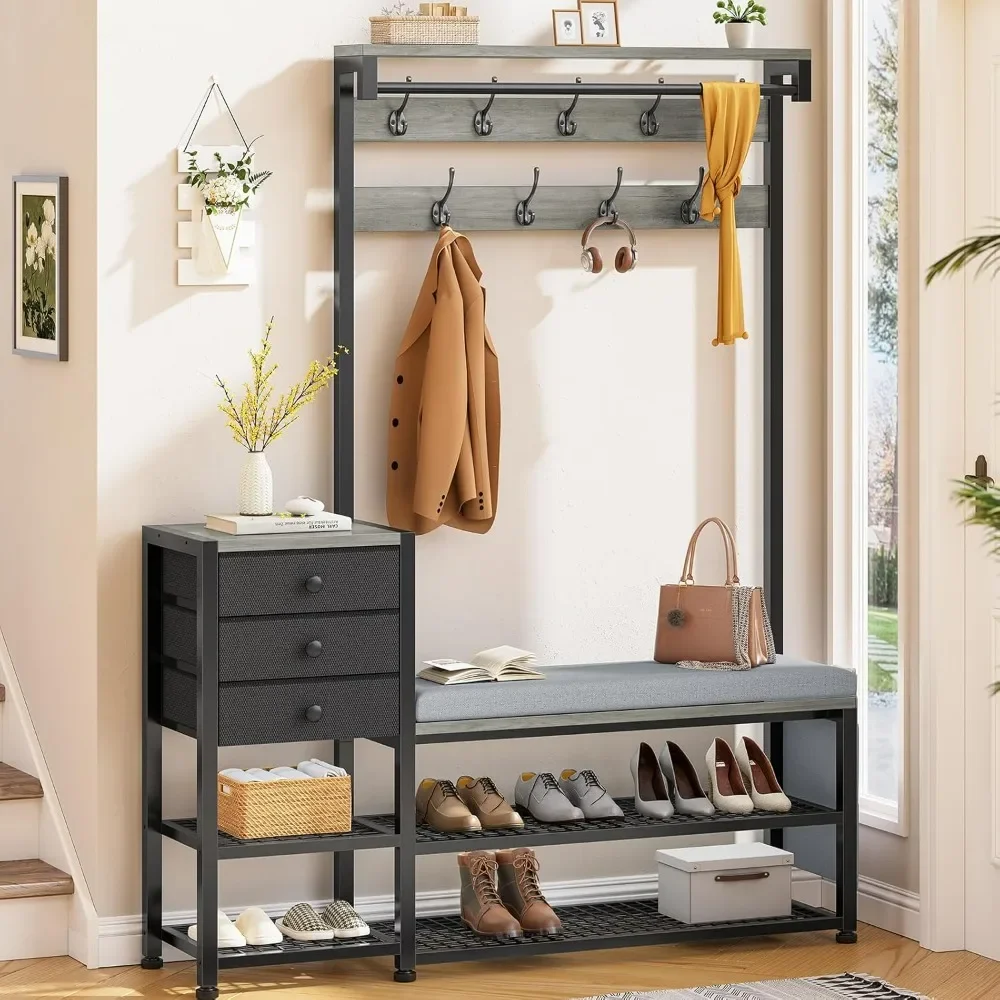 

Coat Rack, 7-in-1 Entryway Bench with Soft Cushion Hall Tree with Bench and Shoe Storage, Storage Bag, 3 Fabric Drawers(Grey)
