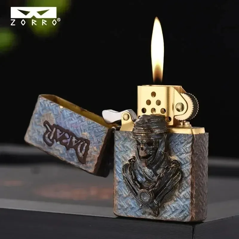 Zorro Original Copper Kerosine Lighter, Antique Carving, Old-fashioned Grinding Wheel Windproof Cigarette Lighter, Gift for Men