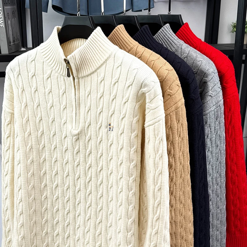 Luxury Brand Man Long Sleeves Knitwear Half-Zip Puppy Embroidery Mock Neck Winter Korean-Style Pullover Comfortable Casual Tops