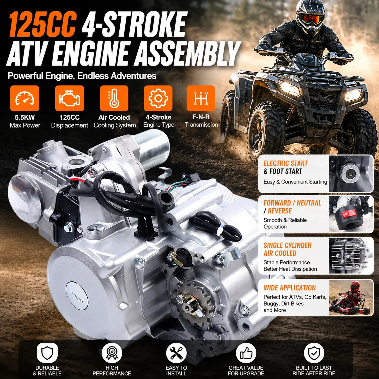 

125cc ATV Engine Assembly 4-Stroke Air Cooled Single Cylinder Go Kart Motor Forward Neutral Reverse Transmission Electric Foot Start 5.5KW