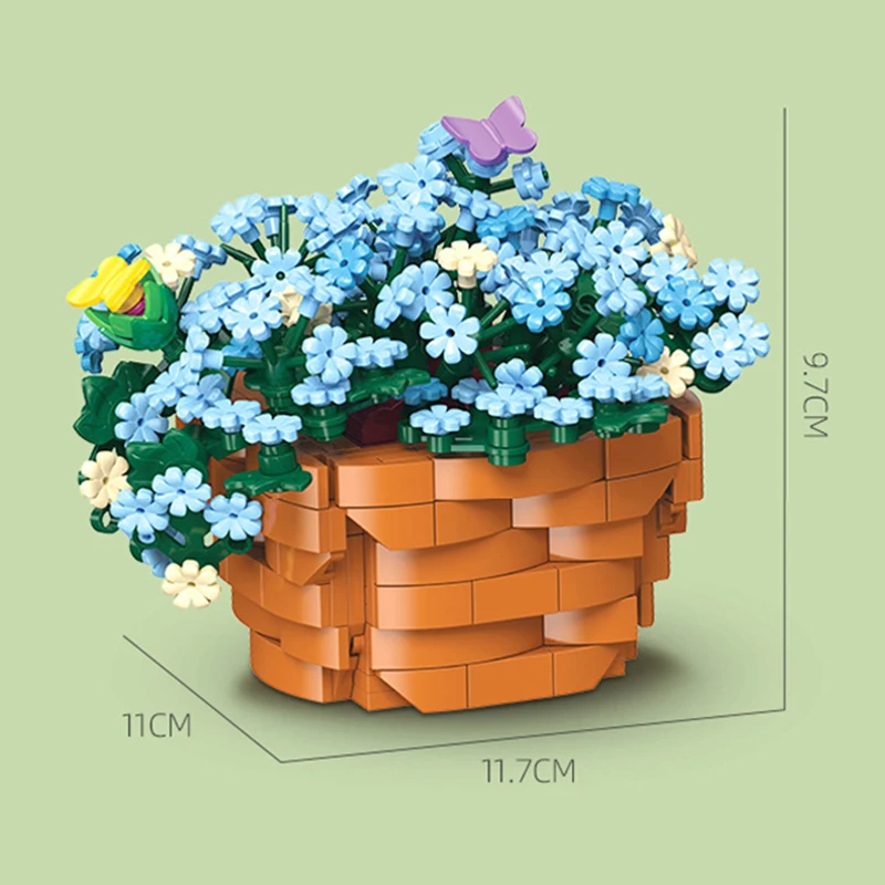 Modelo de planta en maceta de flores azules, bloques de construcción MOC JJ9131, decoración del hogar, cesta de flores, ladrillos, Ideas creativas, juguete para regalo para niños y adultos