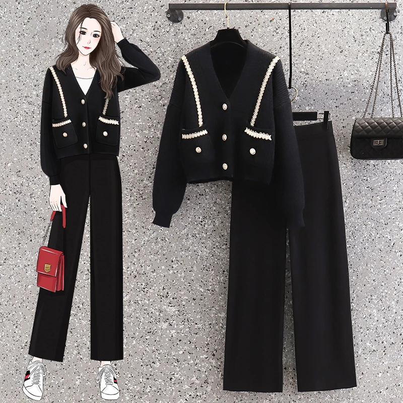 Women Knitted Sweater Suit Jacquard Cardigan Jacket Top And Pants Two Pieces Set Matching Outfits Fashion Winter Street Cloth