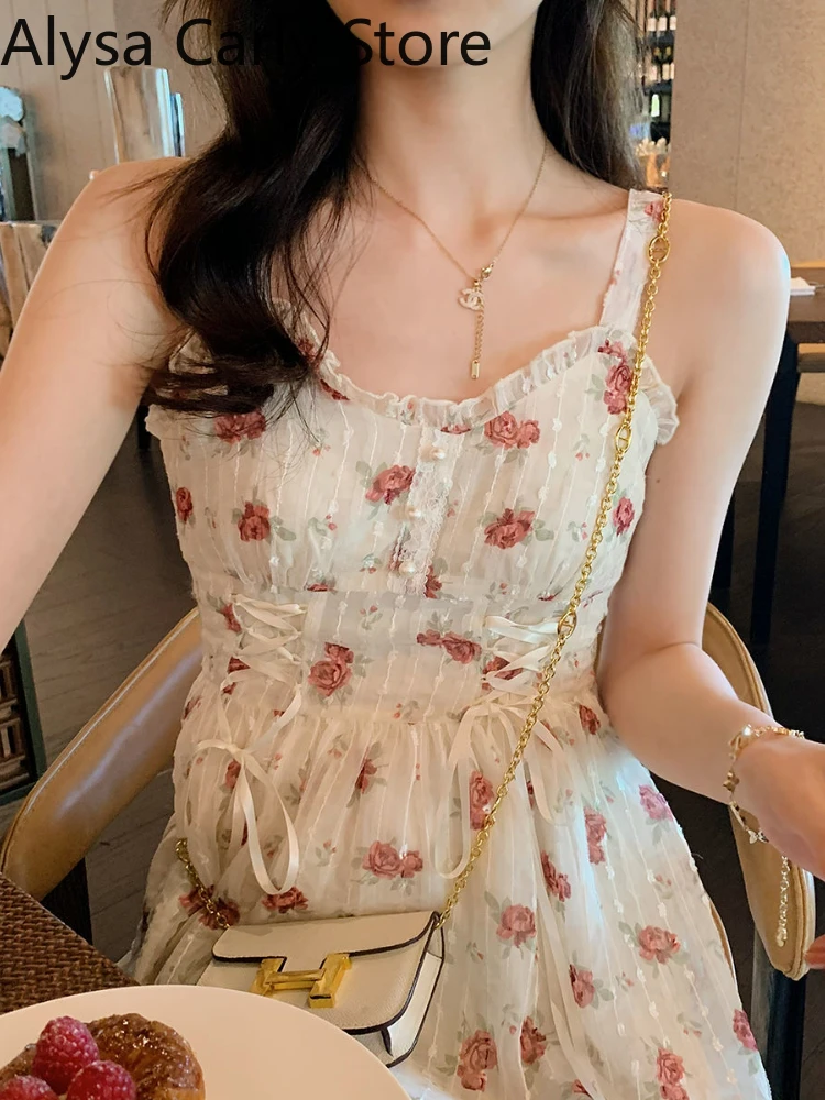 Floral Elegant Slip Dress Women Belt Designer Korean Fashion Party Dress Female Casual Vintage Chic 2022 Summer One-piece Dress