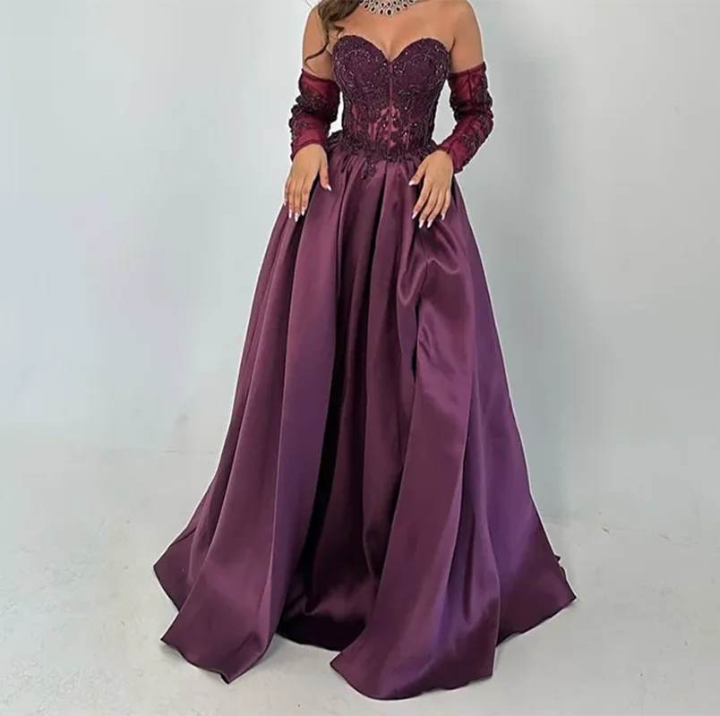 

Saudi Arabia Evening Dresses Grape, Dark Red Satin Long Prom Dresses with Gloves Applique with Beads Sequins Zipper Back