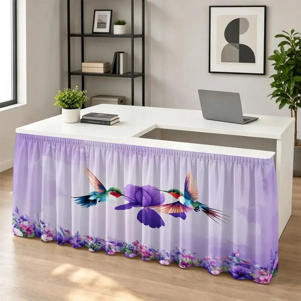 1 table skirt, 2D print, two hummingbirds wrapped around purple flower pattern