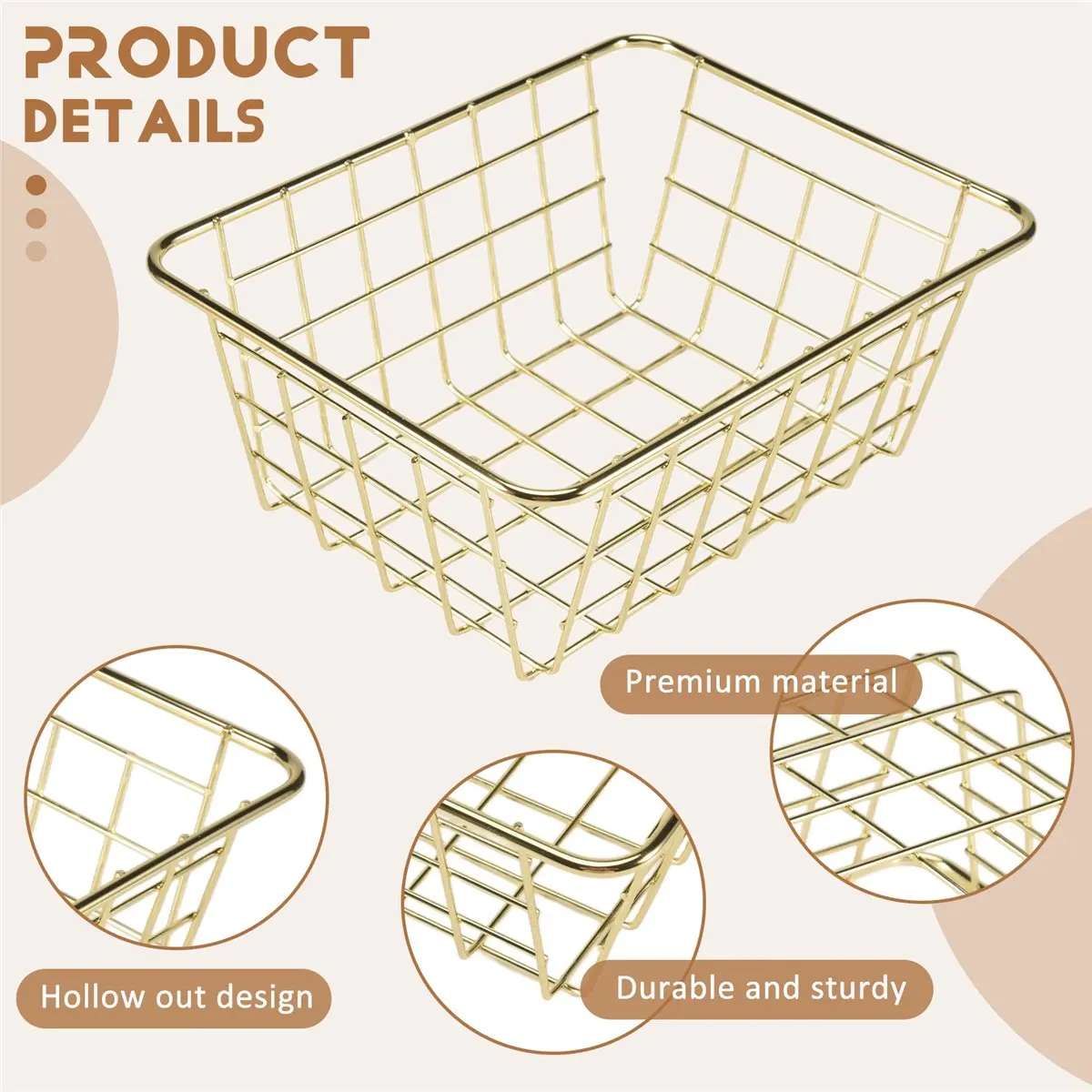 A25I Storage Basket Solid Color Household Iron Basket Storage Box Bedroom Bathroom Gold S