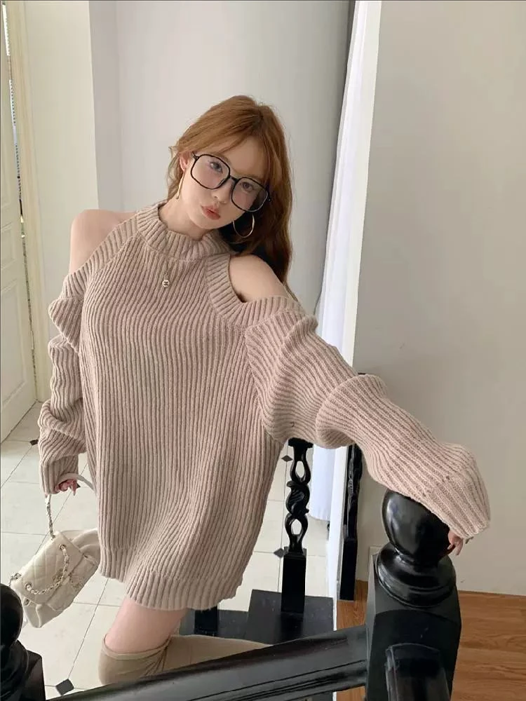 Knitted Sweater Women  Long-sleeved Off Shoulder Pullovers Hotsweet Vintage Streetwear Clothing Y2k Tops Fashion Knitting Dress