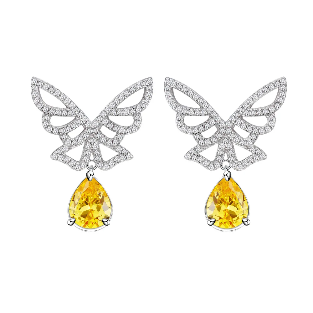 Alla moda Hollow Full Diamond Butterfly nappa 7*9mm Goose Yellow orecchini versatili in argento 925 ad alto tenore di carbonio