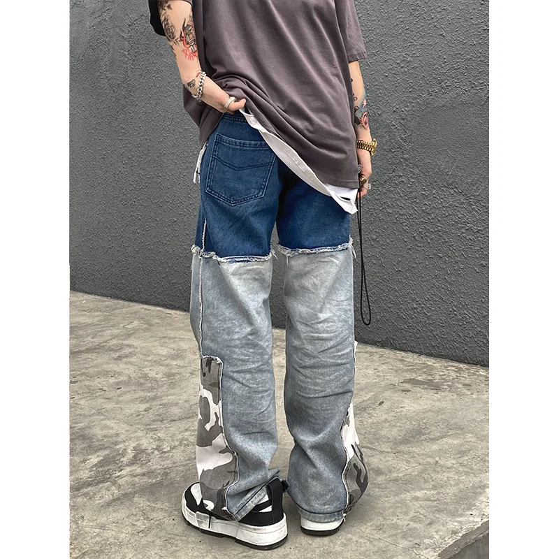 Camouflage Stitching Distressed Vibe Style Jeans Men's Straight Loose High Street Hip Hop Fashionable Retro Trousers Pants