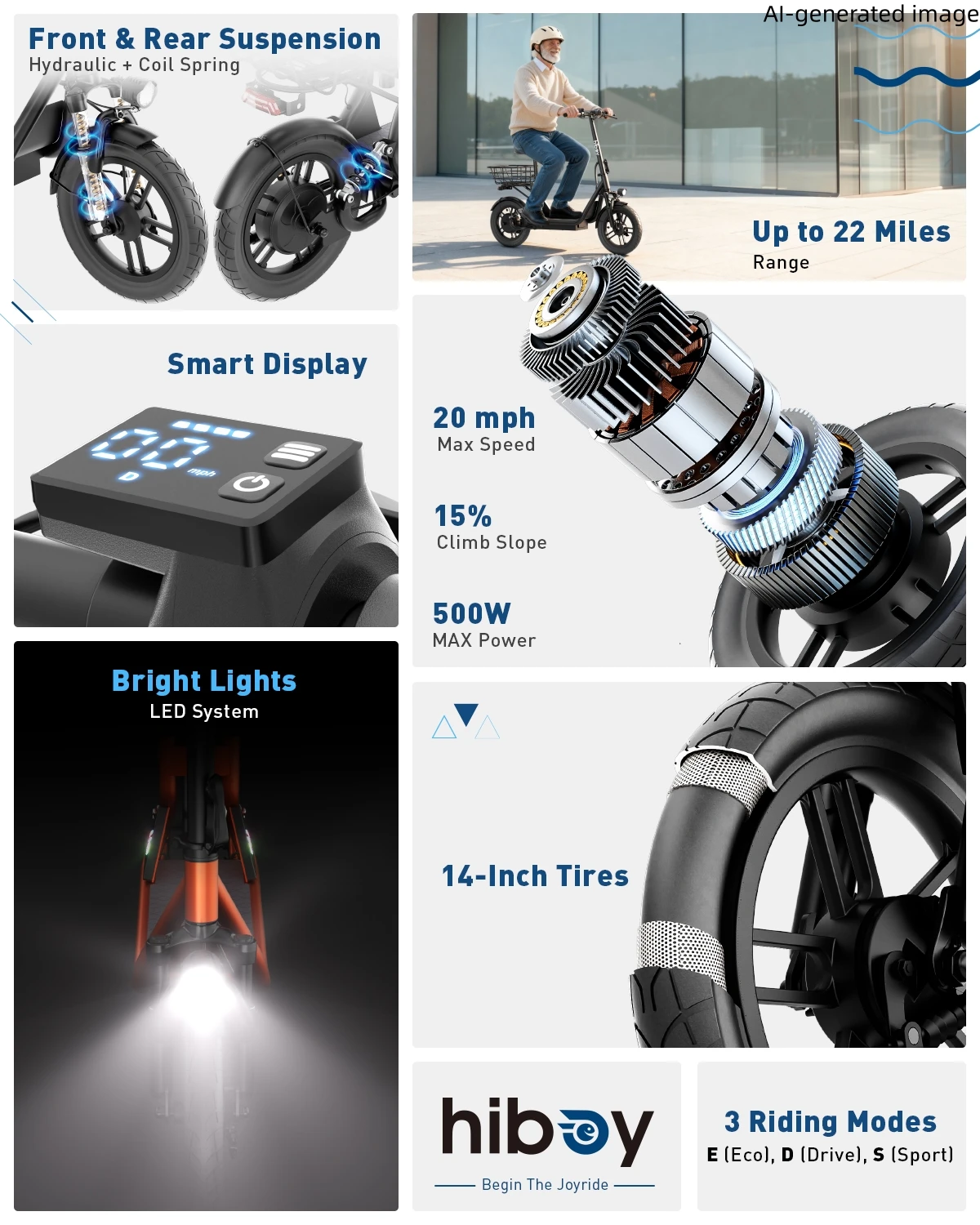 Hiboy Q2N Electric Scooter with Seat for Adults 500W Motor 14