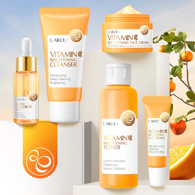 5 pz LAIKOU vitamina C set per la cura della pelle crema per il viso detergente per il viso essenza Toner crema per gli occhi idratante rassodante cura della pelle del viso