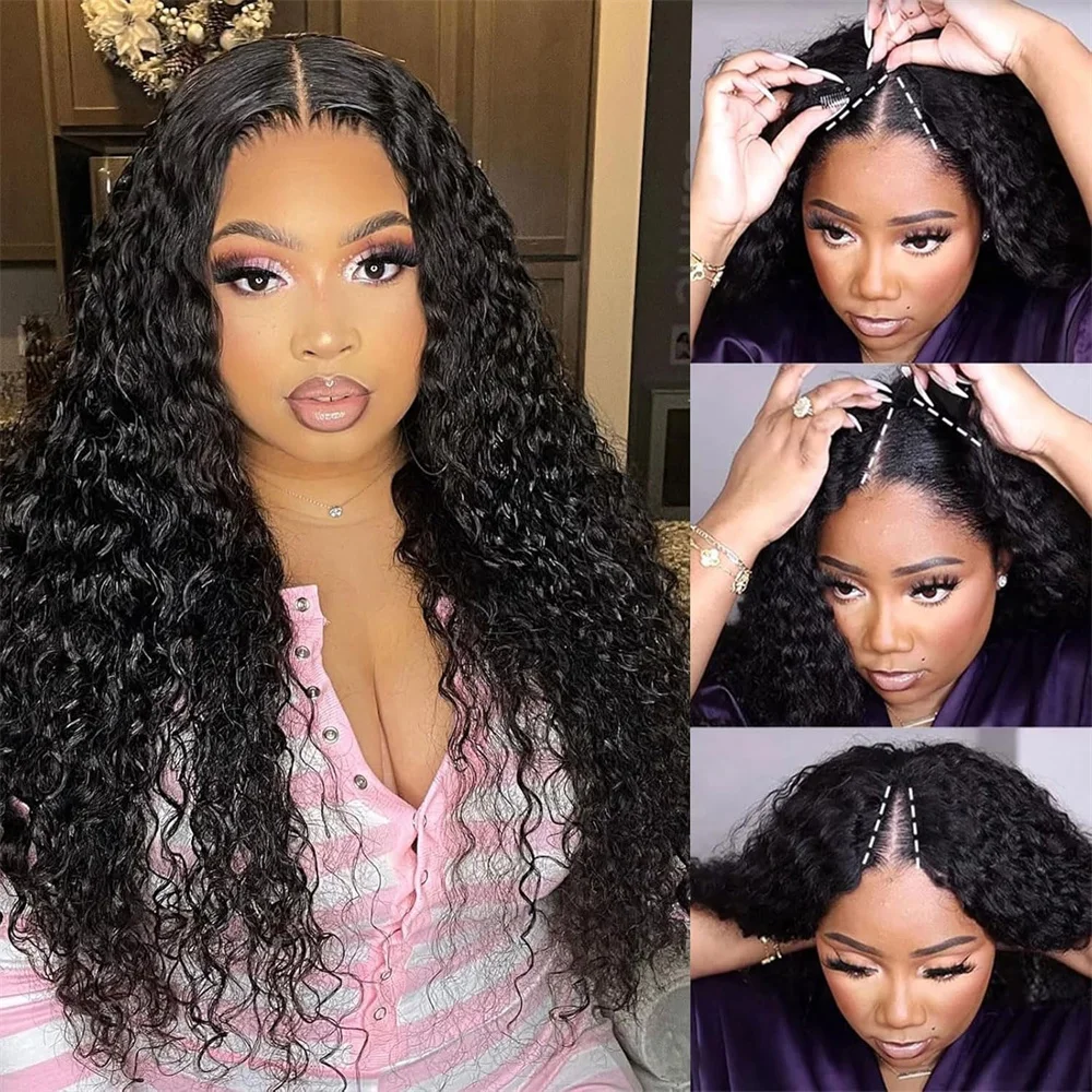 180% Density V Part Deep Wave Human Hair Wig