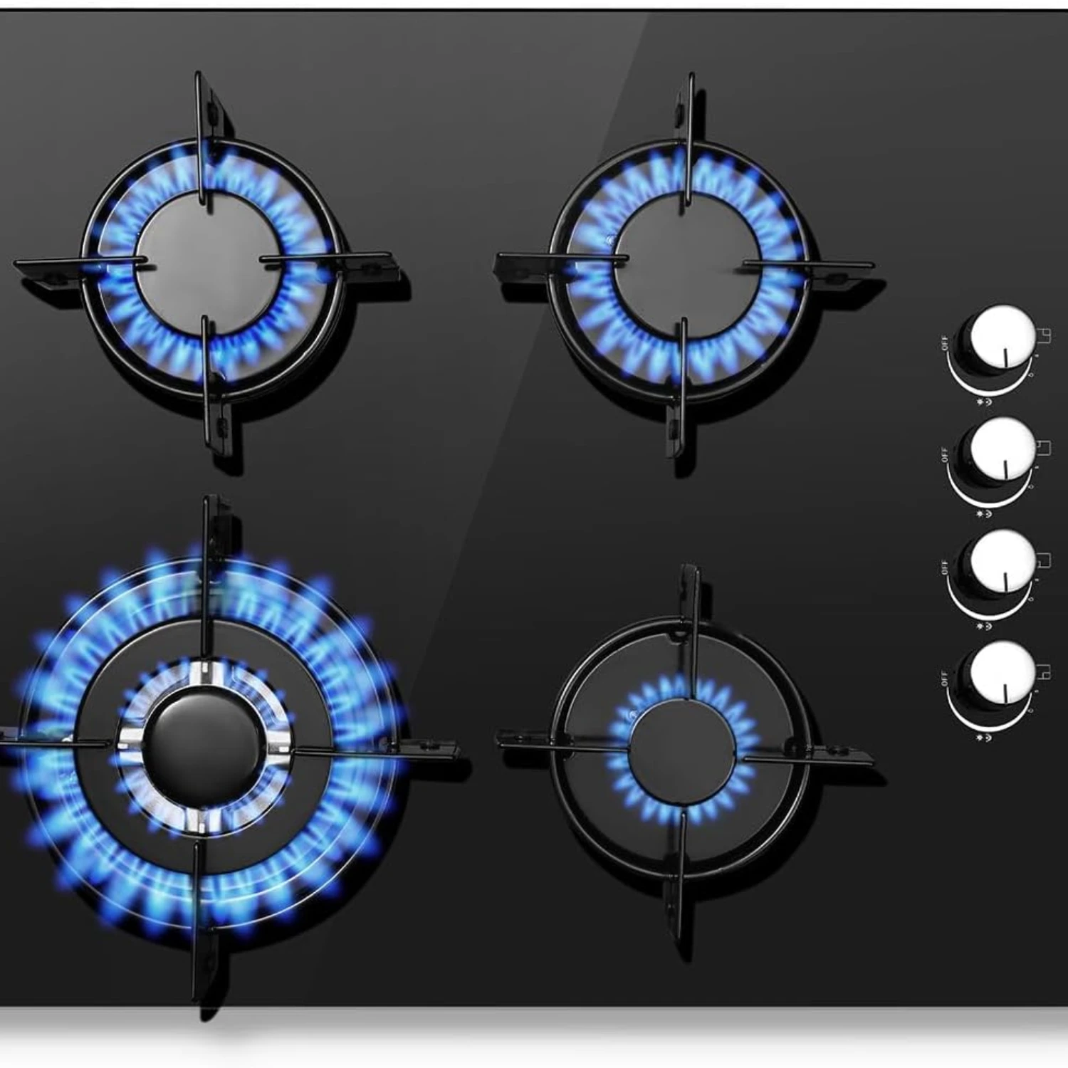 TopStrong 4 Burners NG/LPG Convertible Built-in Black Glass with Wok Burner, Flame Failure Protection, 8000W Gas Hob