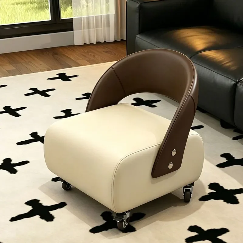 Light Luxury Round Stool with Backrest and Universal Wheels Mobile Low Chair for Living Room Sofa Household Small Rolling