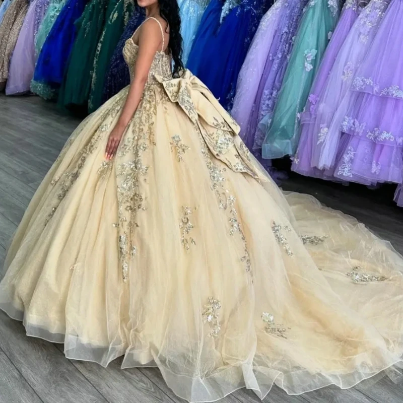 NW109 spersonalizowana księżniczka 14 15 dziewczynka Quinceanera piłka suknia wieczorowa dekolt w szpic kokarda długie kobiet na imprezę bal urodzinowa sukienka Vestido xv Anos