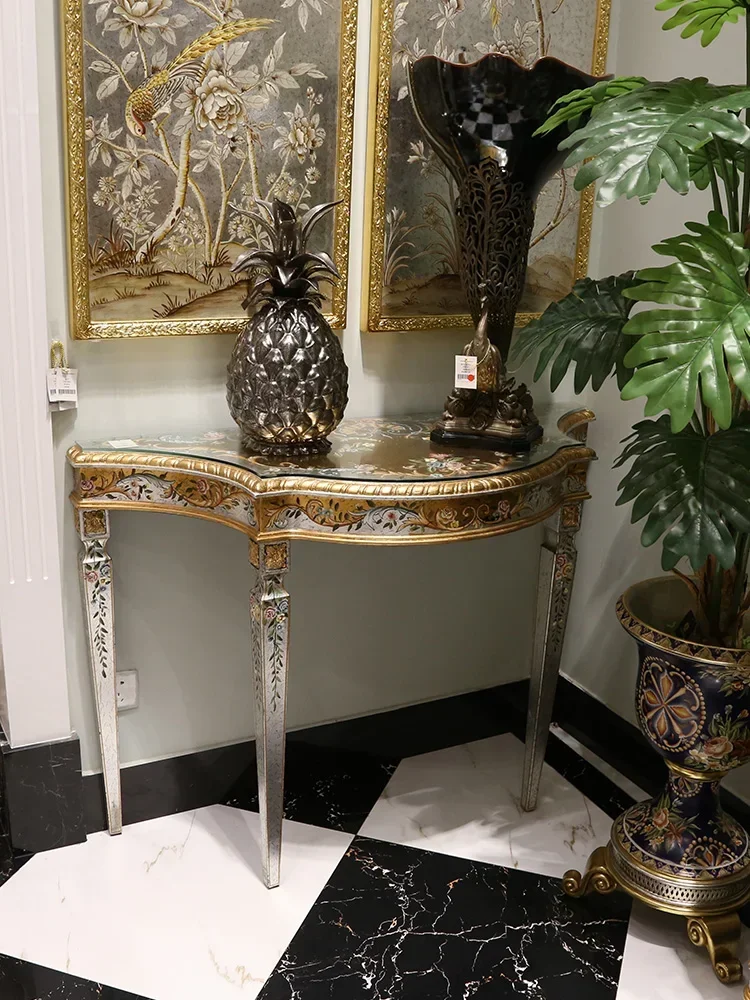 

French court style luxury all-solid wood carving gilded silver foil painted flower entrance hall porch table