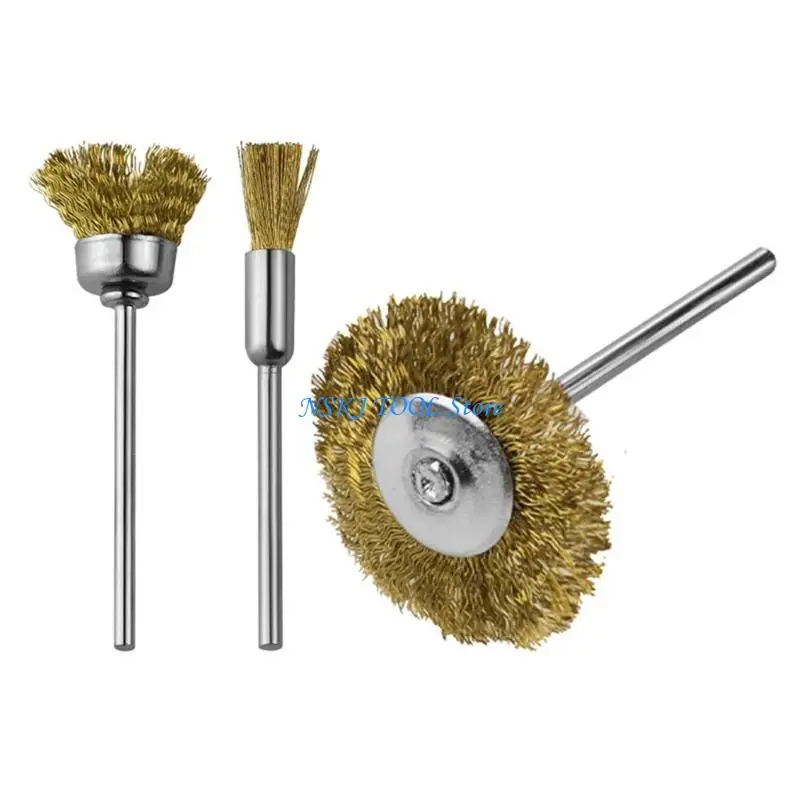 L8RC Set of 3 Coppers Wire Brushes 2.35mm Shank Electric Tool Attachments Multi Angles Grinding