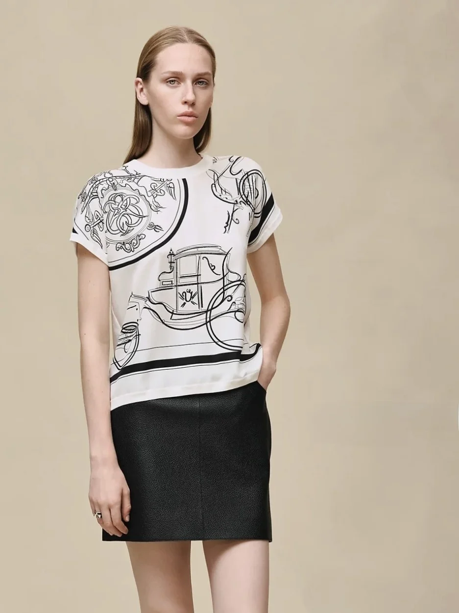

Spring 2026 Women's Casual Style Silk Blend T-Shirt round Neck Short Sleeve Printed Loose Fit Top Fashion Ladies' Tee