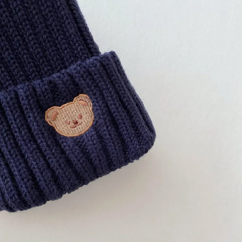 Korean Wool Knitted Hat Cute Cartoon Bear Embroidery Cap for Children 1 To 6 Years Winter Warm Outdoor Windproof Baby Beanie