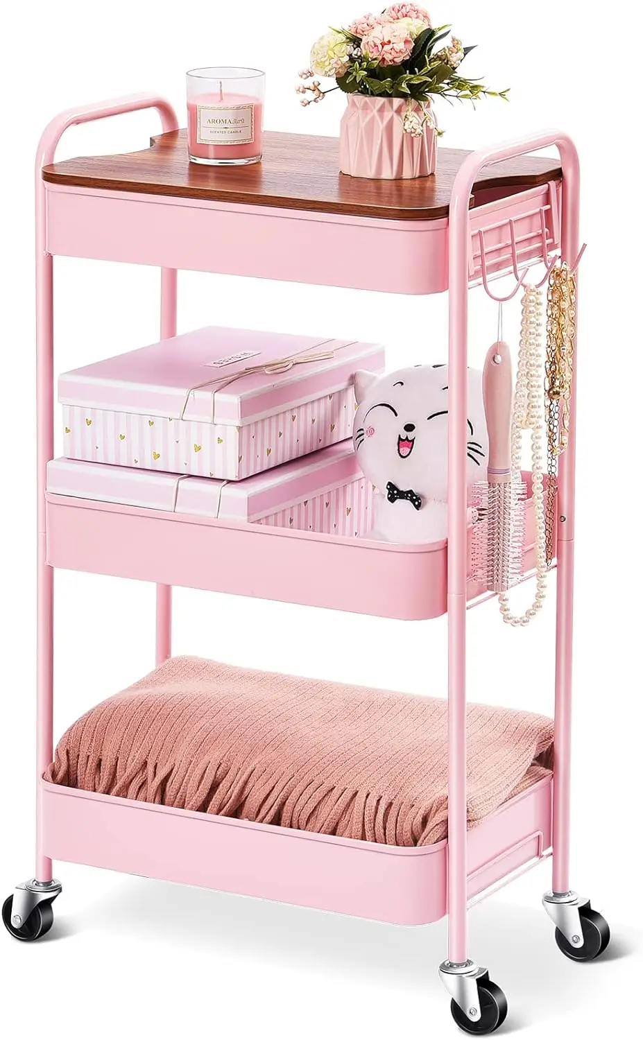 

3 Tier Rolling Cart, Metal Utility Cart with Wheels & Wooden Top, Pink Organizer ,Rolling