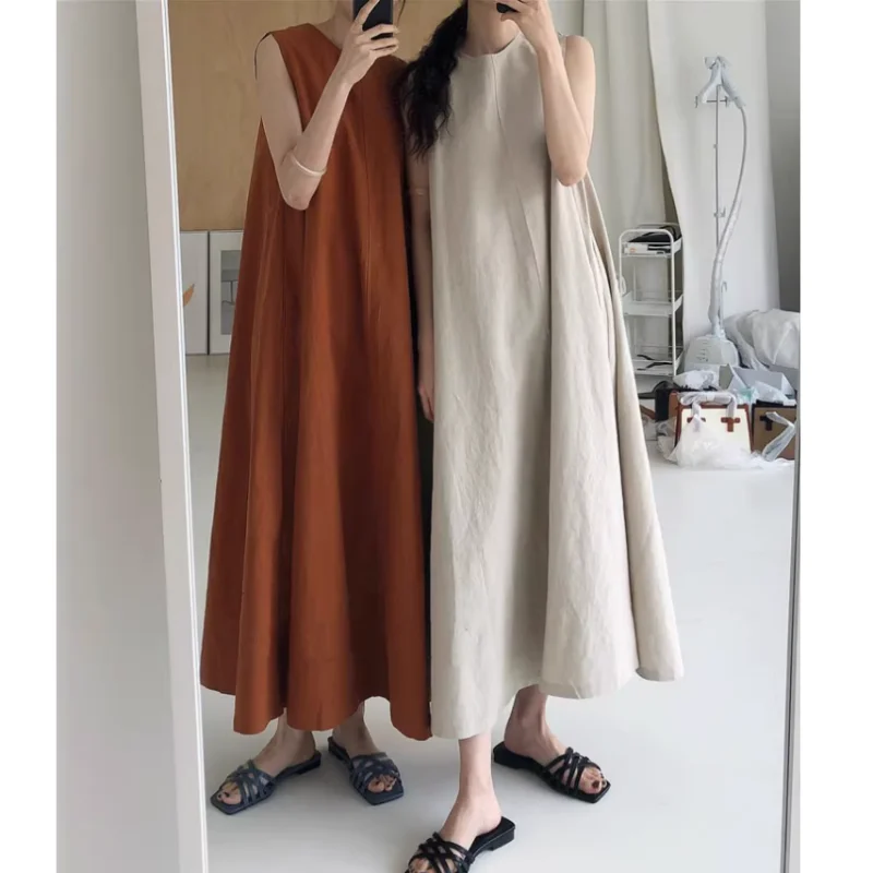 2024 Summer Korean Style Women's Dresses Loose Plus Size Tank Sleeveless Lady Vestidos Pockets Female Robe Clothing KE1097