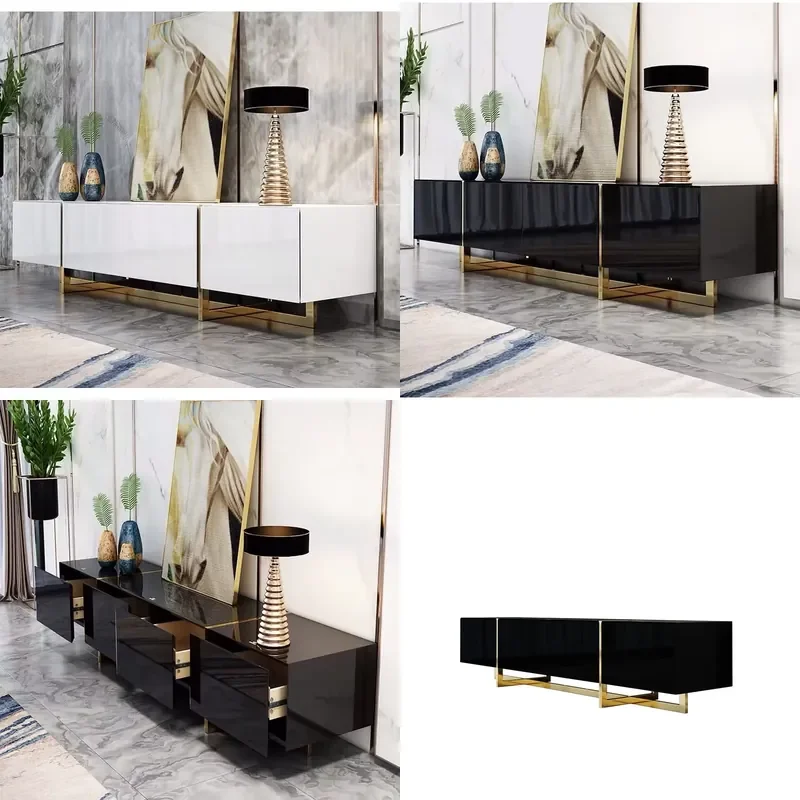 for Modern White Black TV Stand Cabinet Stainless Steel Living Room Furniture with Drawers Luxury Home Entertainment Center