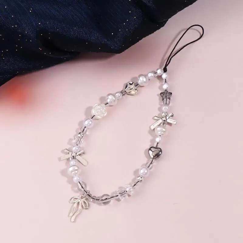 1 قطعة Y2K الفضة القوس قلادة هاتف محمول الحبل الجمالية مطرز سلسلة هواتف المحمول مكافحة خسر معصمه المفاتيح للفتيات هدية #1