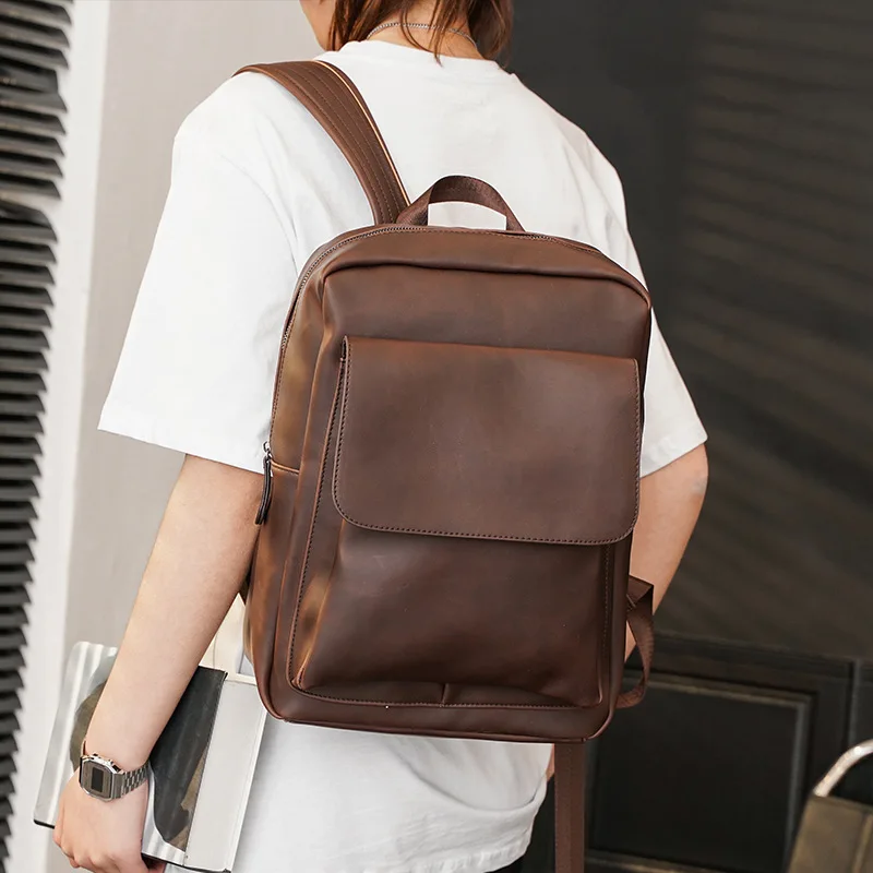 Men Retro PU Leather Laptop Backpack Flap Travel Daypack School Shoulder Bag with Front Pocket