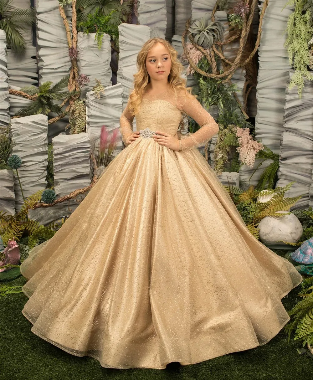 Gouden bloemenmeisjesjurken met volledige mouwen voor bruiloft Vloerlengte meisjesgalajurk voor fotoshoot Eerste communiejurk op maat