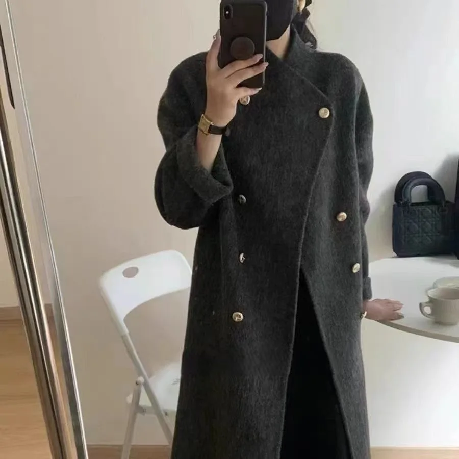 2024 High end versatile slimming gold button double-sided velvet coat for women, autumn and winter new item stand up collar