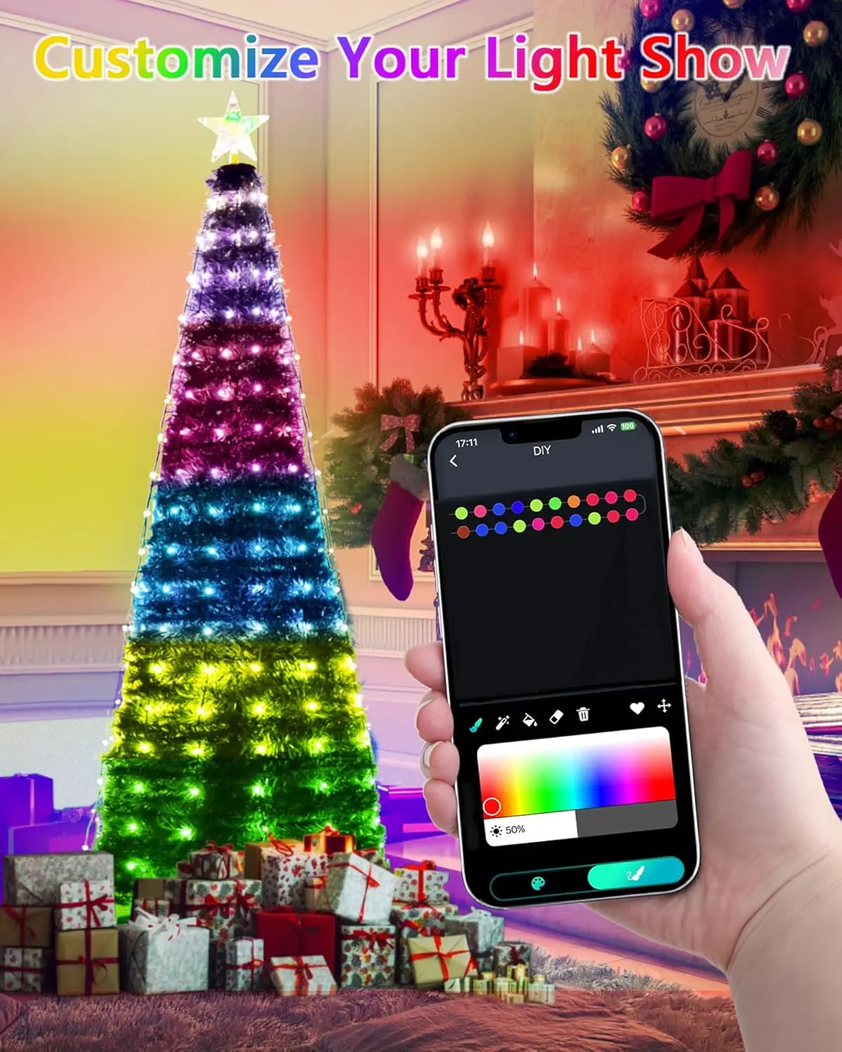 Lampu Natal Pohon Natal Pintar 6.9FT 400 LED dengan Lampu String LED Topper Bintang Sinkronisasi Musik, Colokan untuk Dekorasi Pesta Natal