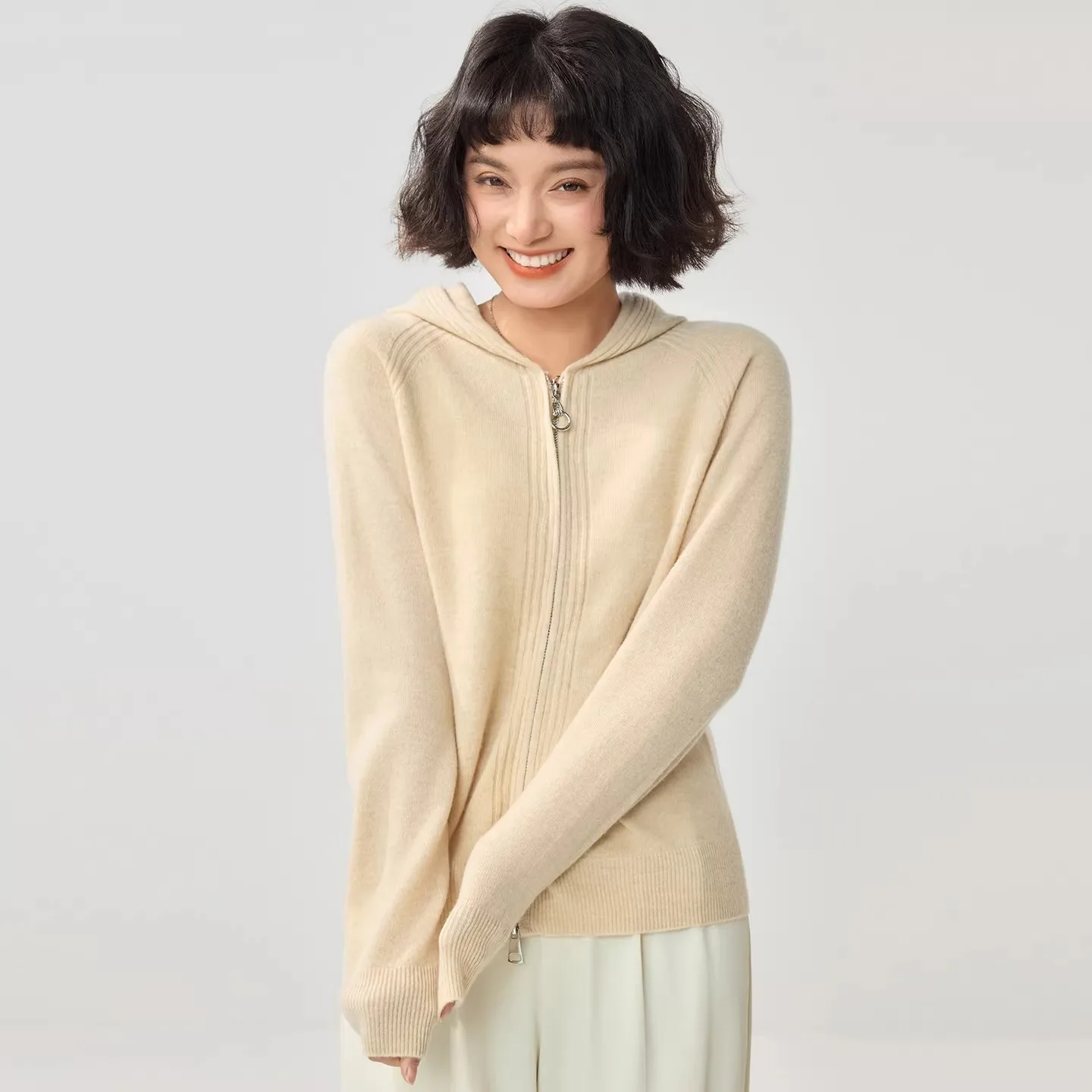 

hooded zipper 100% pure wool cardigan women's loose versatile spring outer wool hoodie jacket