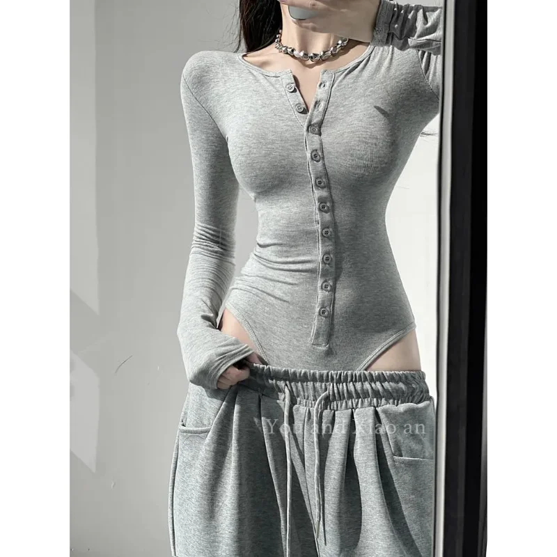 Women's Gray Long Sleeve Henley Bodysuit Button Front Slim Fit Cut Out Casual Party Top