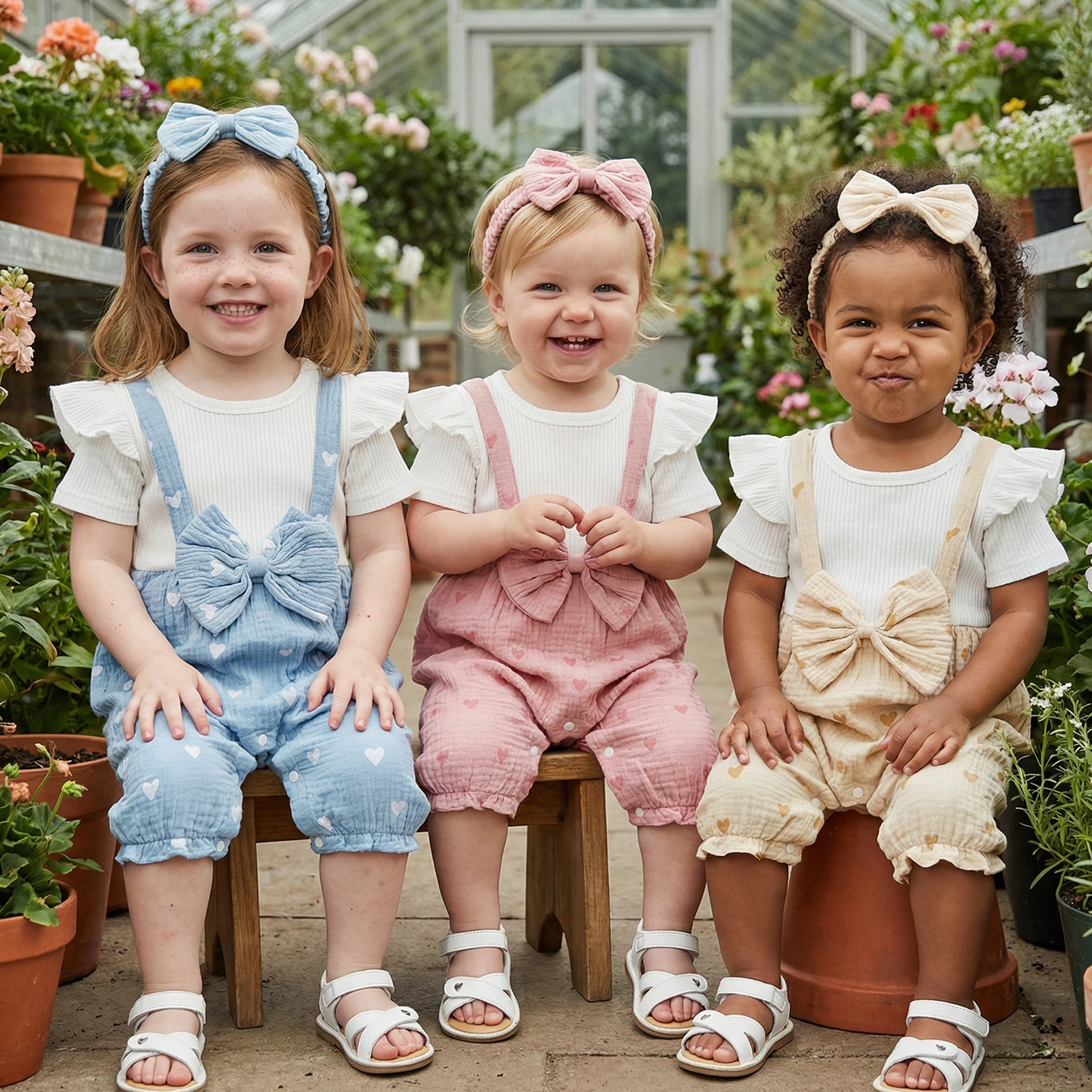 

Baby Girl Summer Romper Heart Print Patchwork Short Sleeve Jumpsuit with Cute Headband Set 2 Piece Clothes Outfits