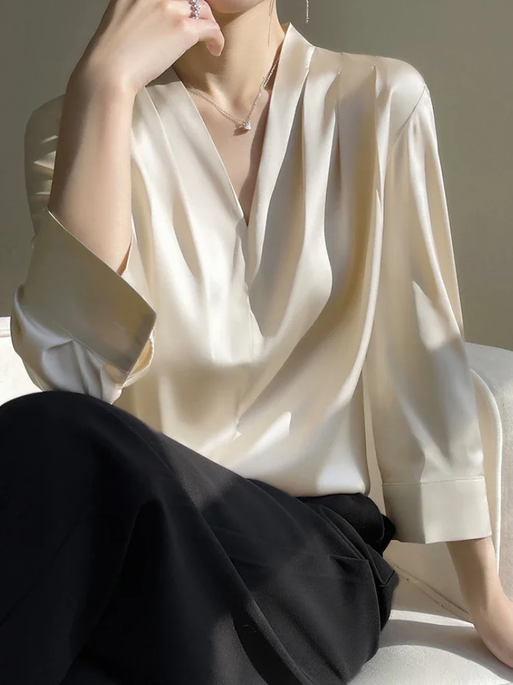 

V-neck Women's Blouse Spring Temperament Elegant Silk Long Sleeve Tops for Women New 2024 Fashion Nine Quarter Sleeves T-shirt