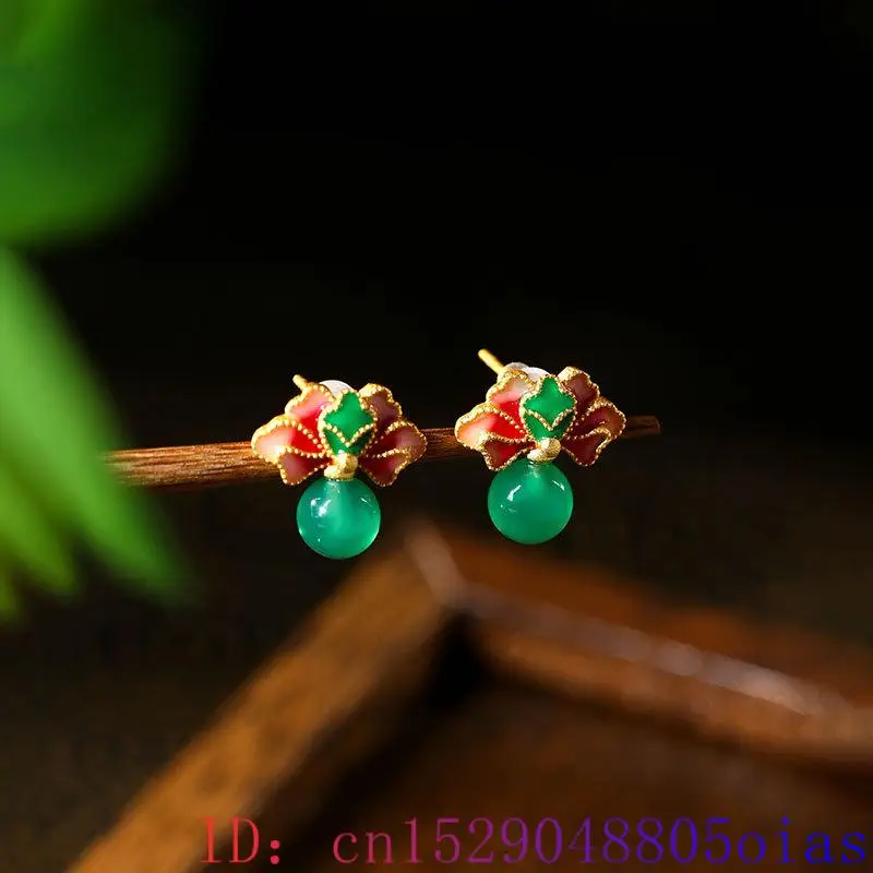 Green Real Jade Bead Earrings Vintage Designer Talismans Energy Amulet Ear Studs Lucky Natural Jewelry Gifts Women