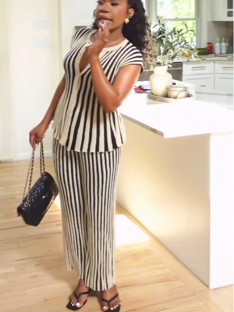 Stripe Pattern Skinny Pants Sets Street Women V-neck Sleeveless Single Breasted Ruffled Edges Tops Suits New Fashion Outfits