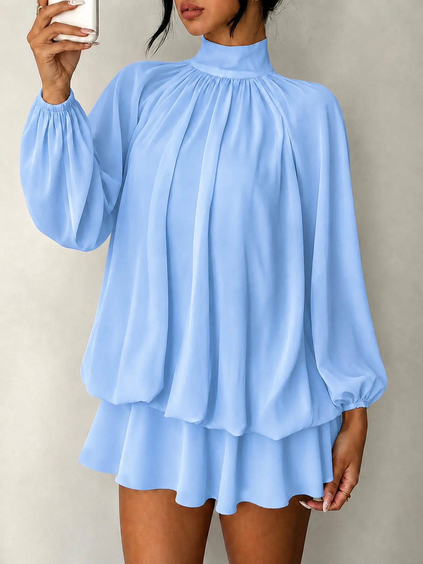 2026 Damen Hochgeschlossenes Plissiertes Chiffon-Kleid mit Langen Ärmeln und Rüschensaum Mini Elegantes Swing-Kleid für Büro, Party, Hochzeitsgast und Urlaub Trendig – Detail 8