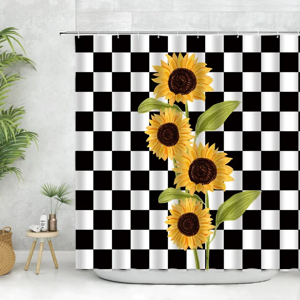 Sunflower Flower Shower Curtain Black And White Checkered Background Modern Bathroom Curtain Rustic Farmhouse Decor Curtain Hook