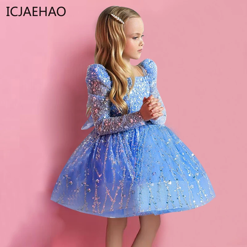 ICJAEHAO Girls Dress Sequin Mesh Long-sleeved Birthday Party  Outfit Matching Baby Opening Ceremony Prom New children\'s Clothes