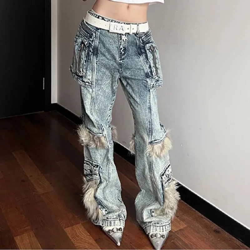 

Hip-hop Style Fluff Splicing Overalls Jeans for Women Spice Girl Slim Micro-flared Trousers Bootcut Jeans with Pockets