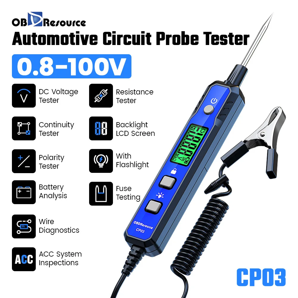Car Voltage Circuit Probe Tester CP03 Automotive DC Voltage 0.8V-100V Resistance Digital Tester with Backlight Flashlight