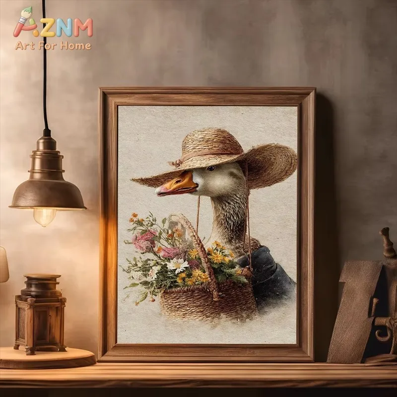 Vintage Duck Goose With Straw Hat Flower Basket Canvas Wall Art Farm Animal Poster Unframed Canvas Painting for Living Room