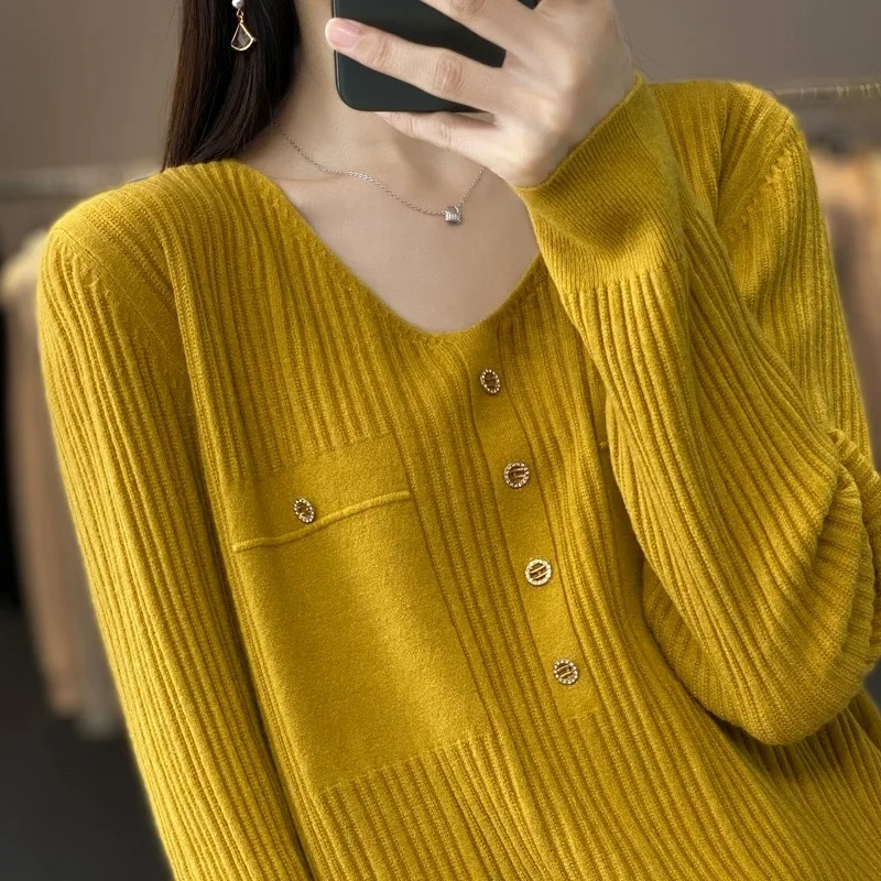 Faionable V-Ne-suéter de lana tejido para mujer, informal, holgado, largo, Color Sve, decorado con diamantes, ropa de abrigo Camere