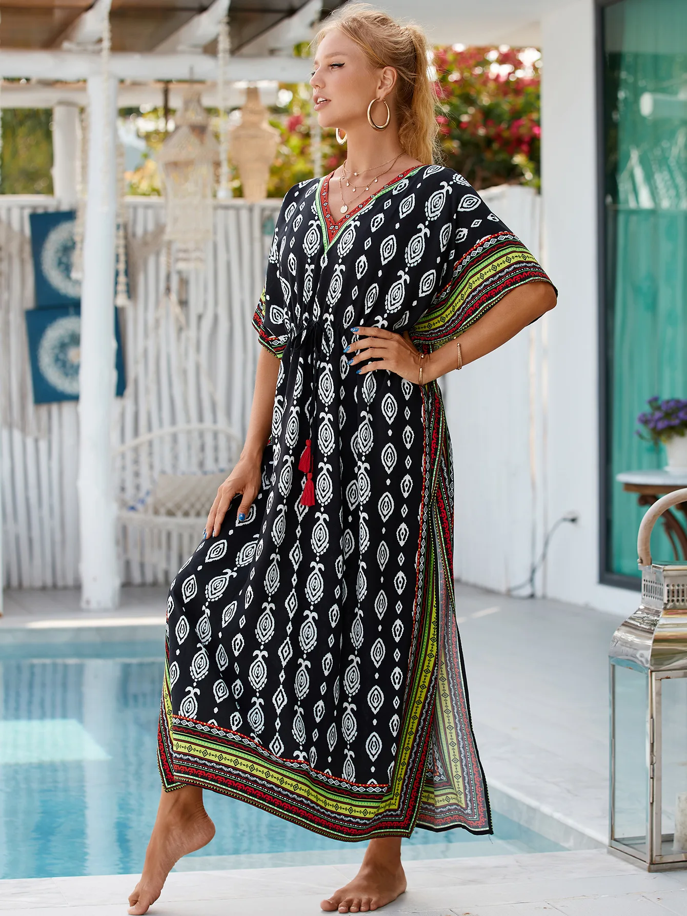 Women Summer Beach Dresses Printed Kaftans Drawstring Summer Holiday Cover Ups for Swimwear Bathing Suits