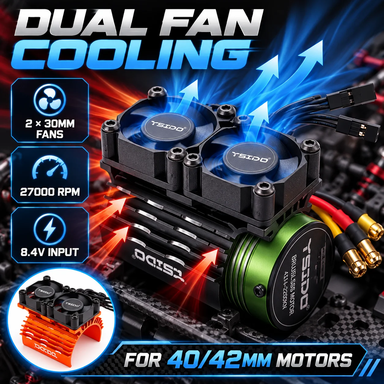 YSIDO 4274 Brushless Motor 2 Versions Green & Titanium Gray 800KV to 3600KV +40-42mm Dual Fan Heatsink RC Buggy ARRMA TRAXXAS